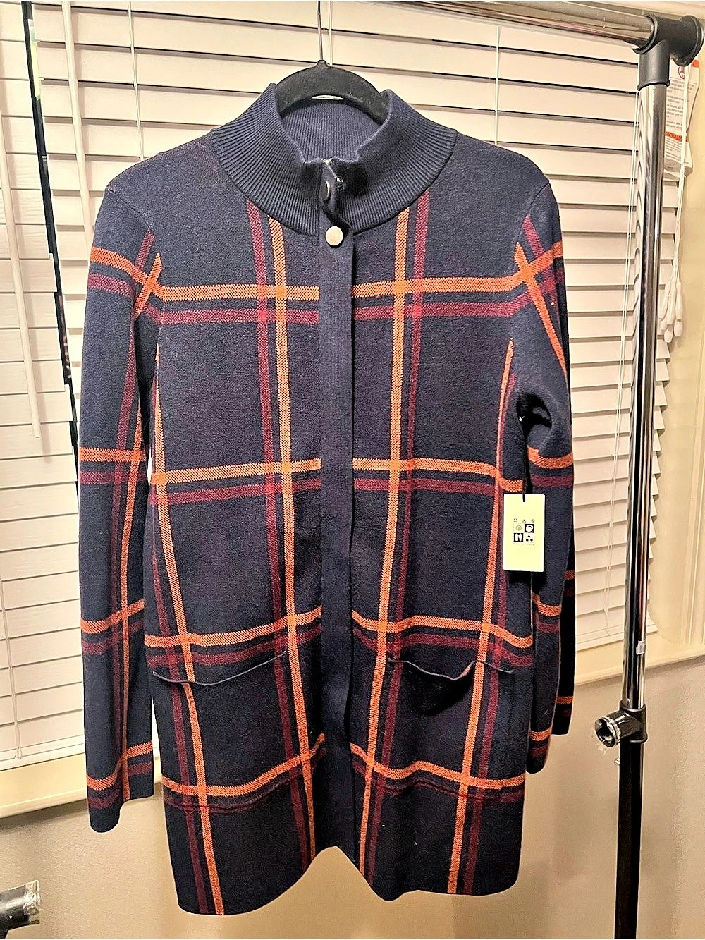 Max Mara Plaid Wool Cardigan in Blue & Orange Size Medium Like New